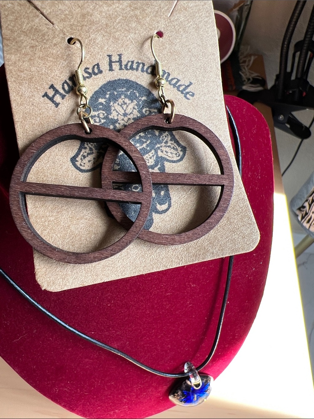 Handmade Wooden Circle Drop Earrings in Brown